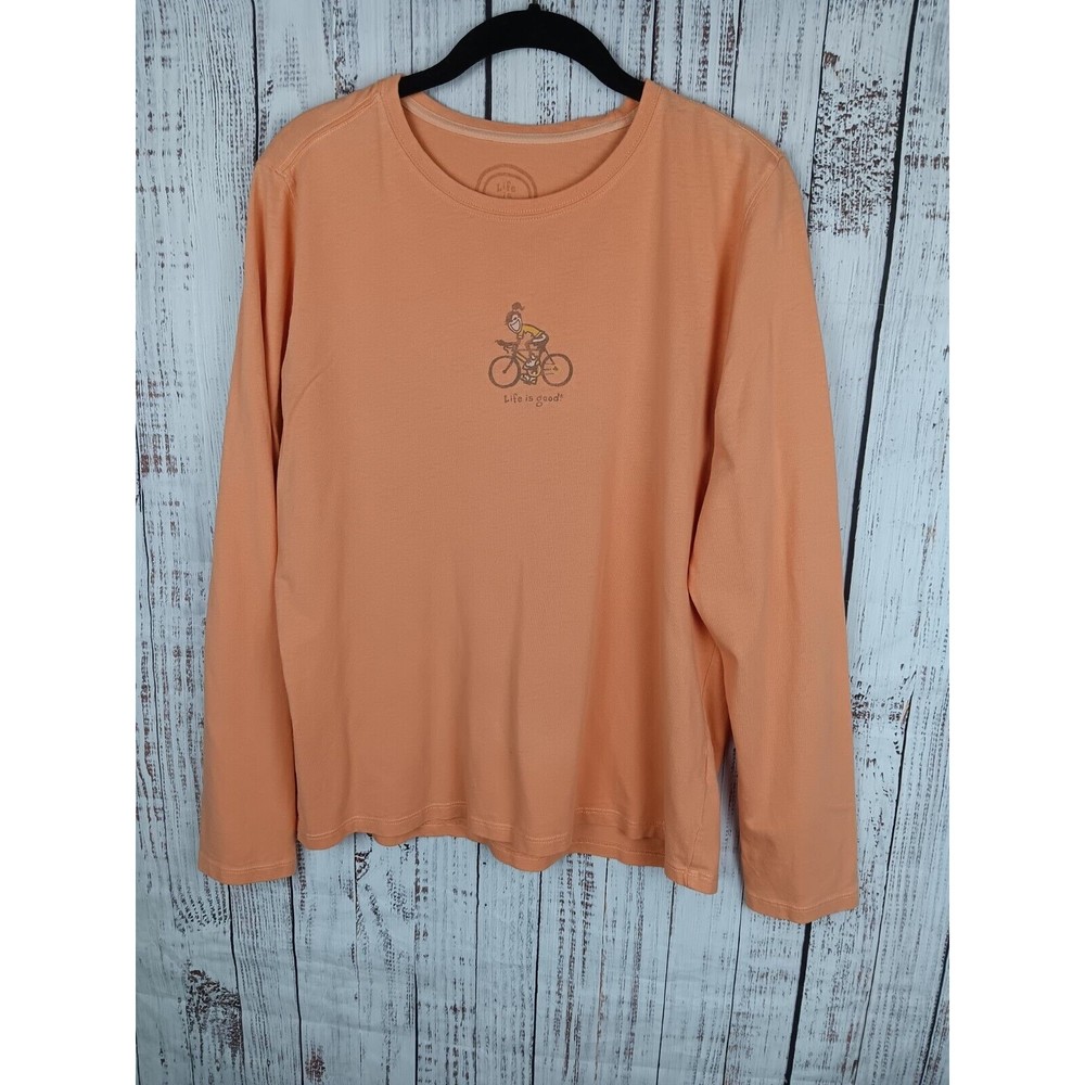 Life is Good T-Shirt Women's Medium Orange Peach Long Sleeve Relaxed Fit